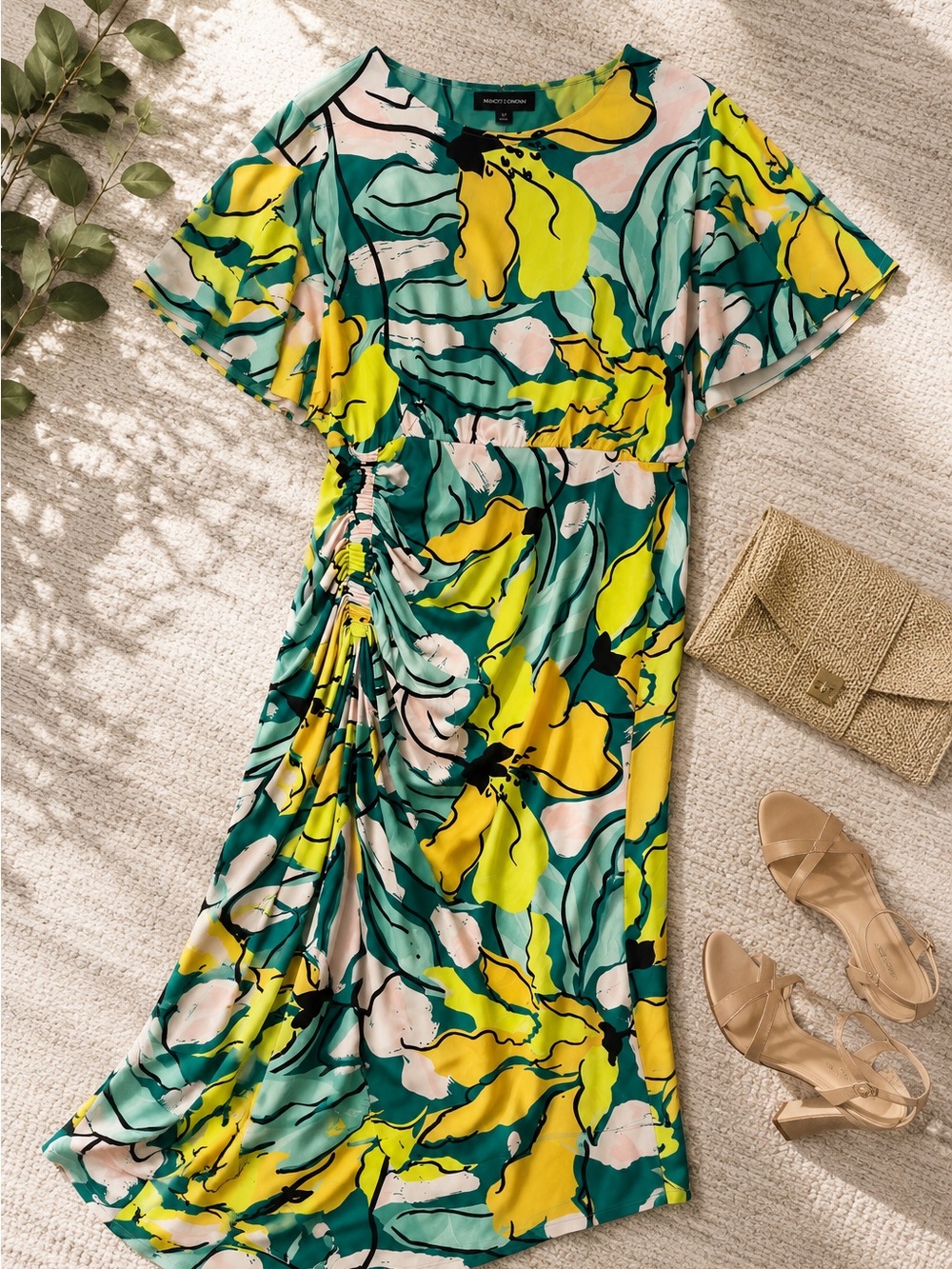 Maggy London Floral Ruched Midi Dress Size 8 Flutter Sleeve Draped